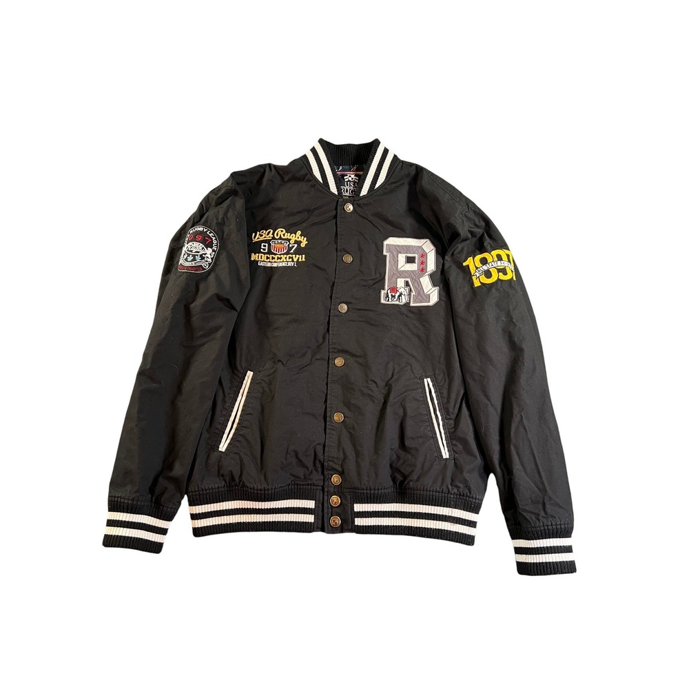 USA Rugby Varsity Bomber Jacket‎ Mens 3XL Black Patchwork Snap Front Collegiate